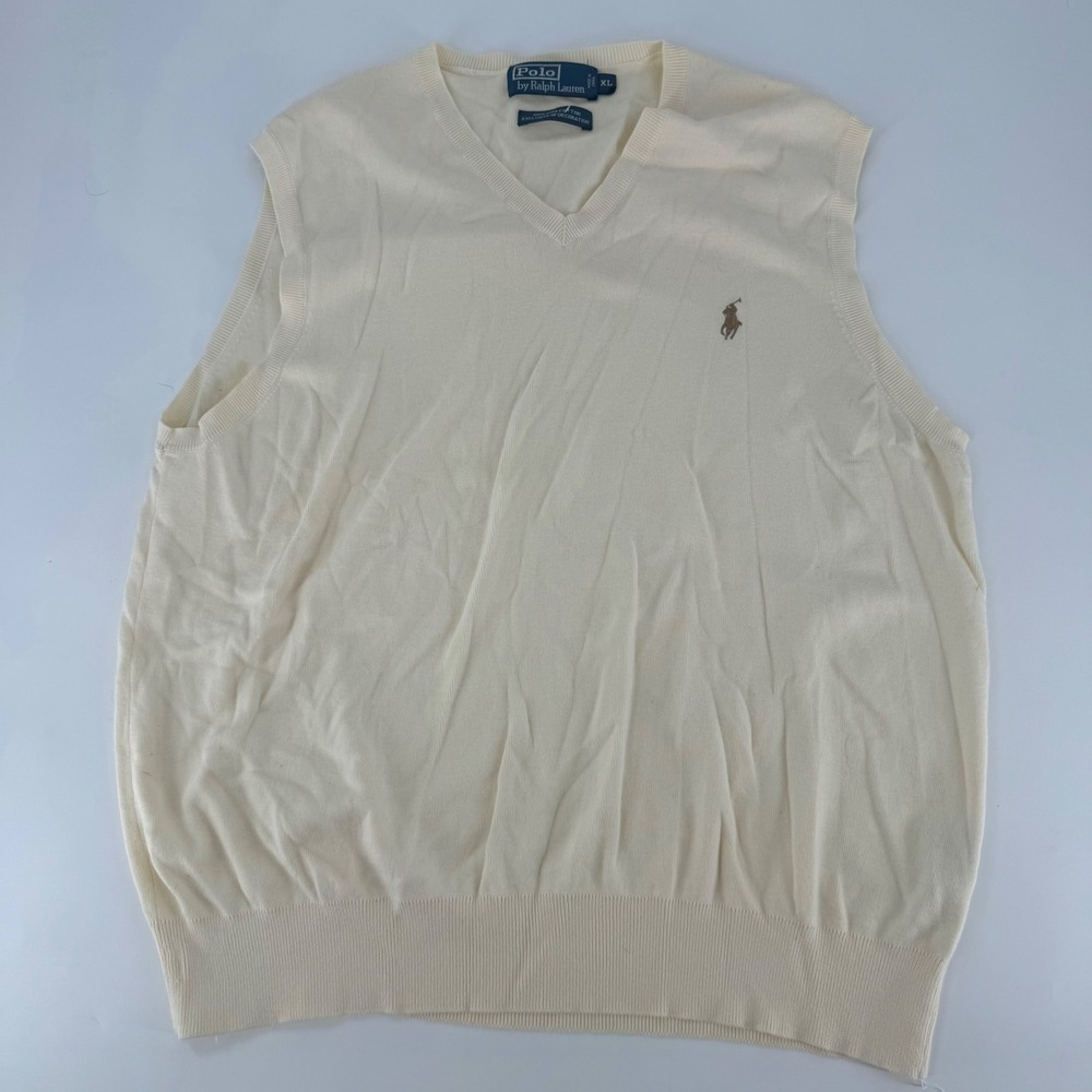 Polo Ralph Lauren Mens XL Cream Pima Cotton V-Neck Sweater Vest Off White Pony